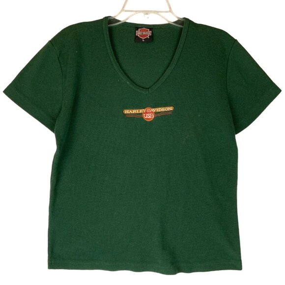 Harley-Davidson USA Womens Waffle T-Shirt Large Green V-Neck Short Sleeves - Picture 1 of 6